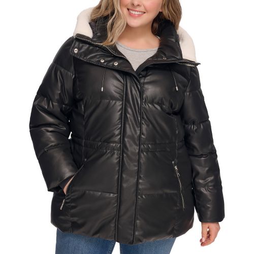 DKNY Womens Plus Size Faux-Leather Faux-Shearling Hooded Anorak Puffer Coat