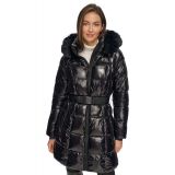 Womens Belted Faux-Fur-Trim Hooded Puffer Coat
