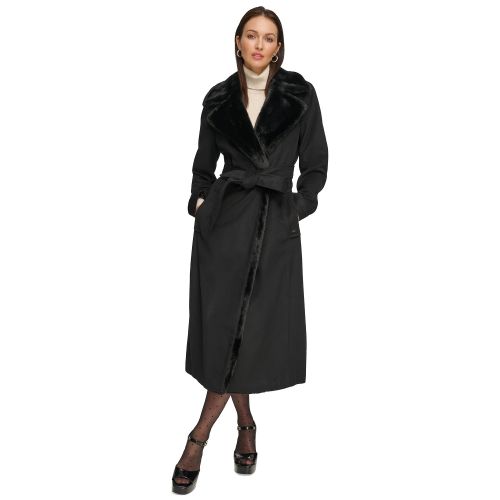 DKNY Womens Faux-Fur-Trim Maxi Wool Blend Wrap Coat