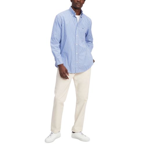 타미힐피거 Mens Classic Fit Long-Sleeve Button-Down Striped Poplin Shirt