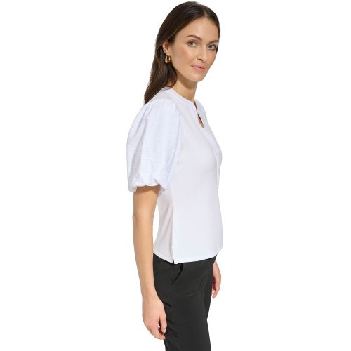 DKNY Womens Puff-Sleeve Ribbed Henley Shirt