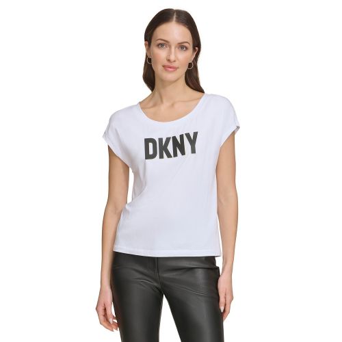 DKNY Womens Logo-Print Boat-Neck T-Shirt