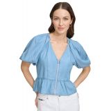 Womens Zip-Front Puff-Sleeve Blouse