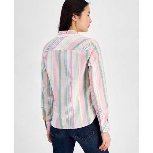 타미힐피거 Womens Cotton Striped Roll-Tab Shirt