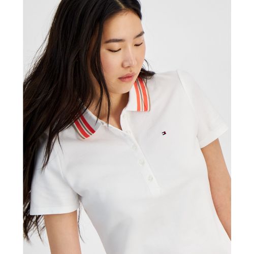 타미힐피거 Womens Stripe-Collar Shirt-Sleeve Polo Shirt