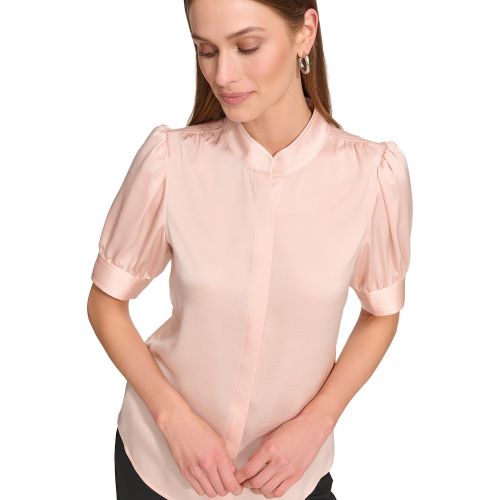 DKNY Womens Puff-Sleeve Mandarin-Collar Covered-Placket Blouse