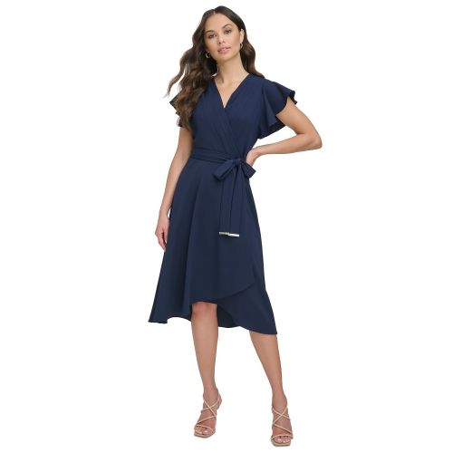DKNY Womens Flutter-Sleeve Tie-Waist Faux-Wrap Dress