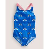 Boden Cross-back Printed Swimsuit - Cabana Blue Rainbow Clouds