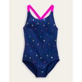 Boden Cross-back Printed Swimsuit - Navy, Rainbow Foil Confetti