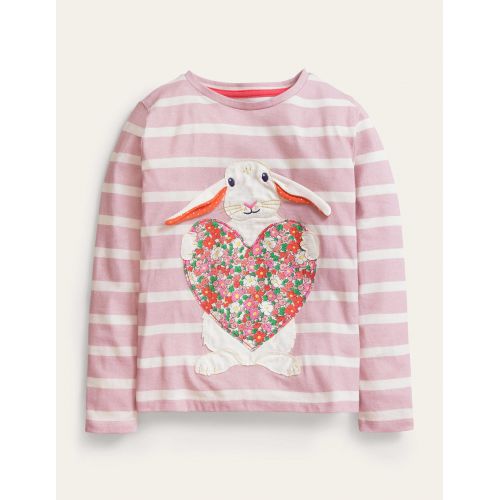 보덴 Boden Long Sleeve Applique Top - Boto Pink/Ivory Heart Bunny