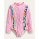 Boden Long-sleeved Frilly Swimsuit - Tickled pink and ivory stripe