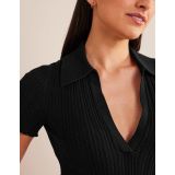Boden Ribbed Pointelle Collared Tee - Black