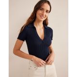 Boden Ribbed Pointelle Collared Tee - Navy