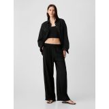 Crinkle Cotton Wide-Leg Pull-On Pants