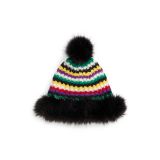 Striped Faux-Fur-Trim Pom-Pom Hat